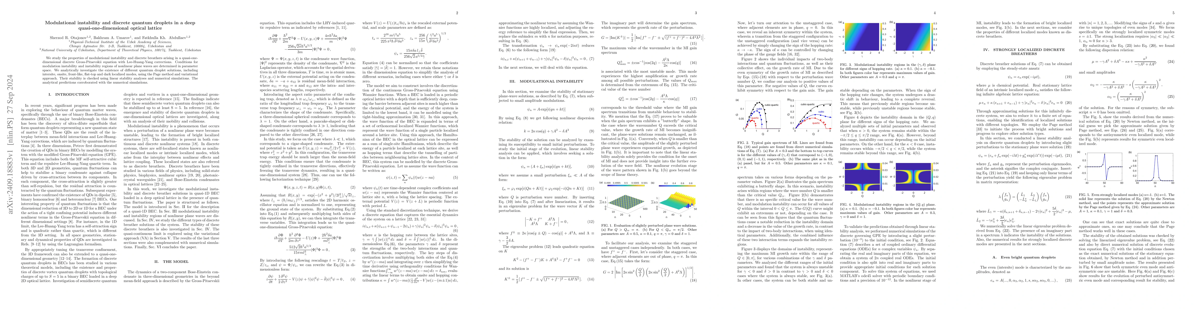 Thumbnail for Modulational instability and discrete quantum droplets in a deep
  quasi-one-dimensional optical lattice