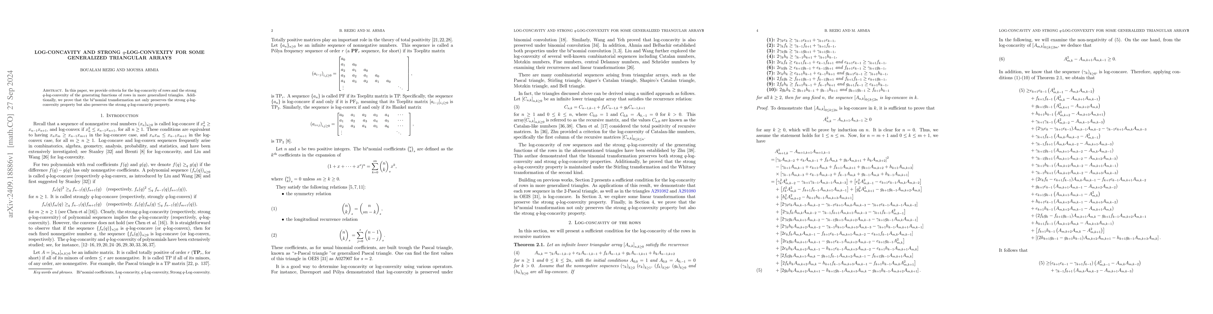 Thumbnail for Log-concavity and strong $q$-log-convexity for some generalized
  triangular arrays