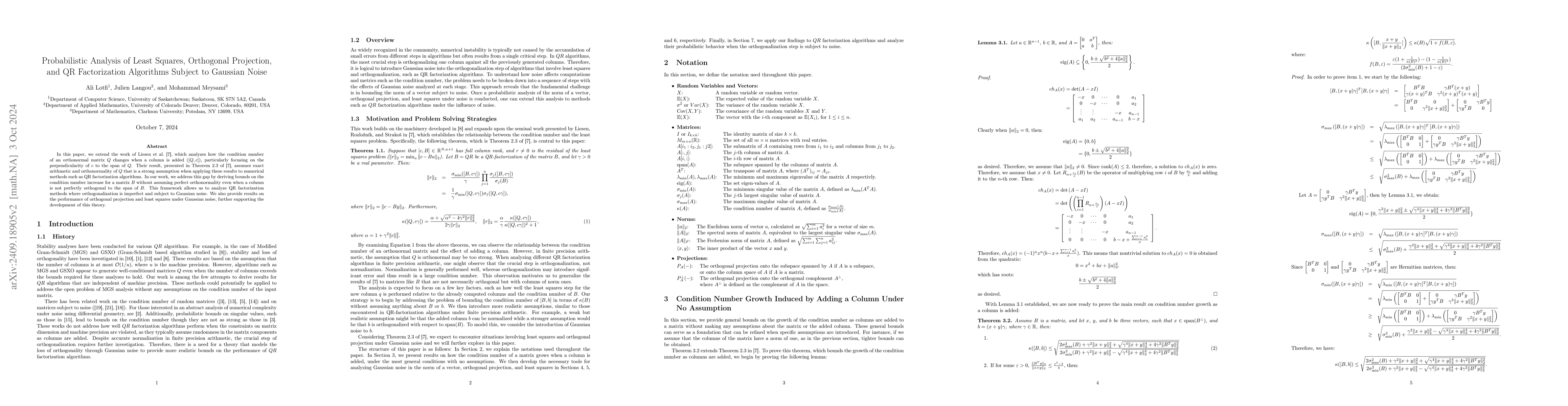 Thumbnail for Probabilistic Analysis of Least Squares, Orthogonal Projection, and QR
  Factorization Algorithms Subject to Gaussian Noise