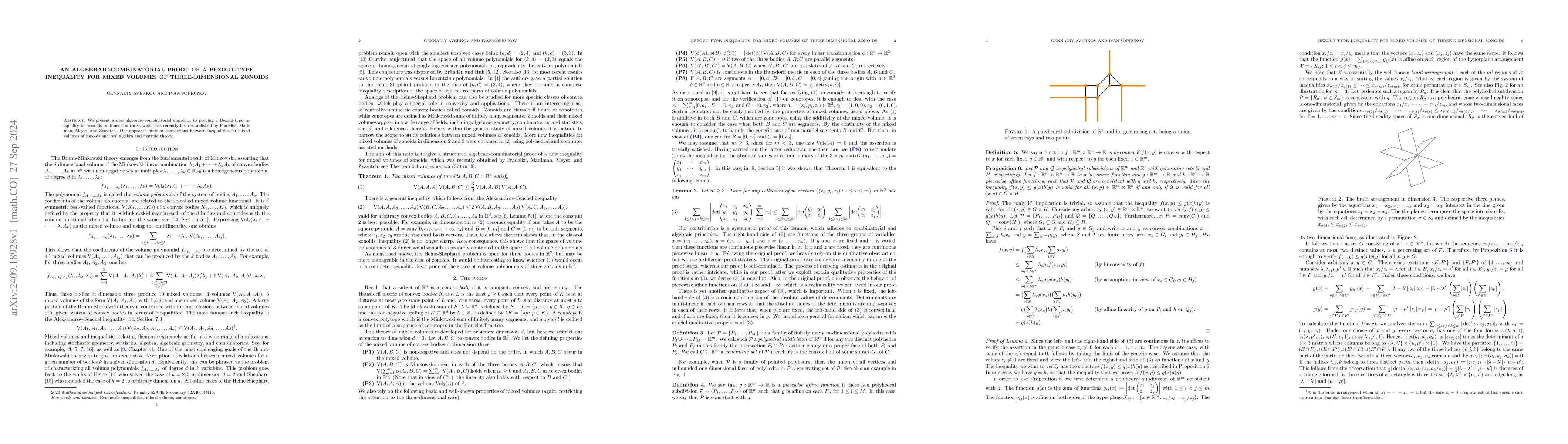 Thumbnail for An algebraic-combinatorial proof of a Bezout-type inequality for mixed
  volumes of three-dimensional zonoids