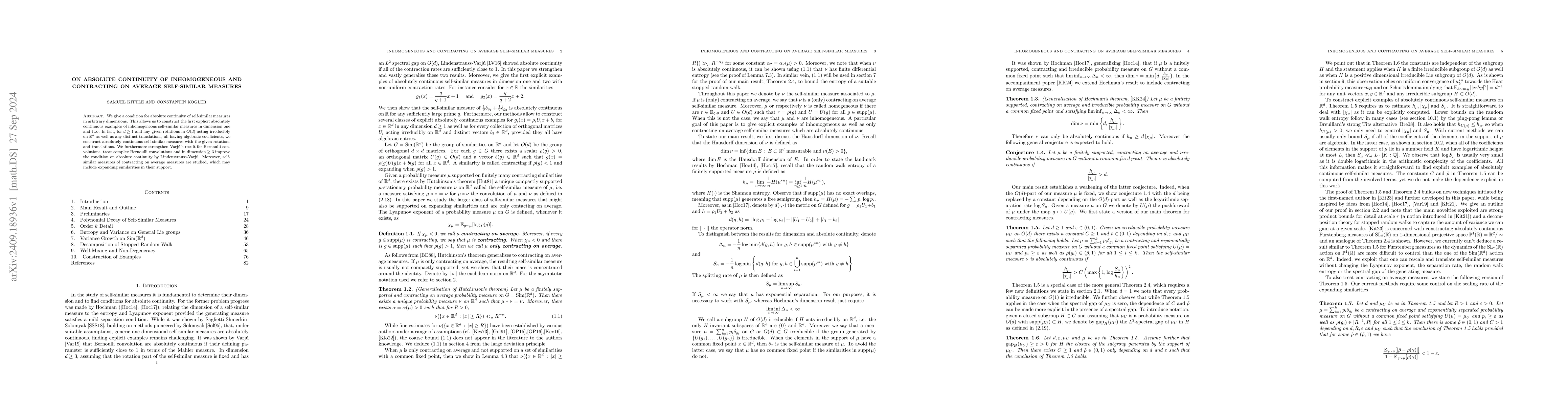 Thumbnail for On absolute continuity of inhomogeneous and contracting on average
  self-similar measures