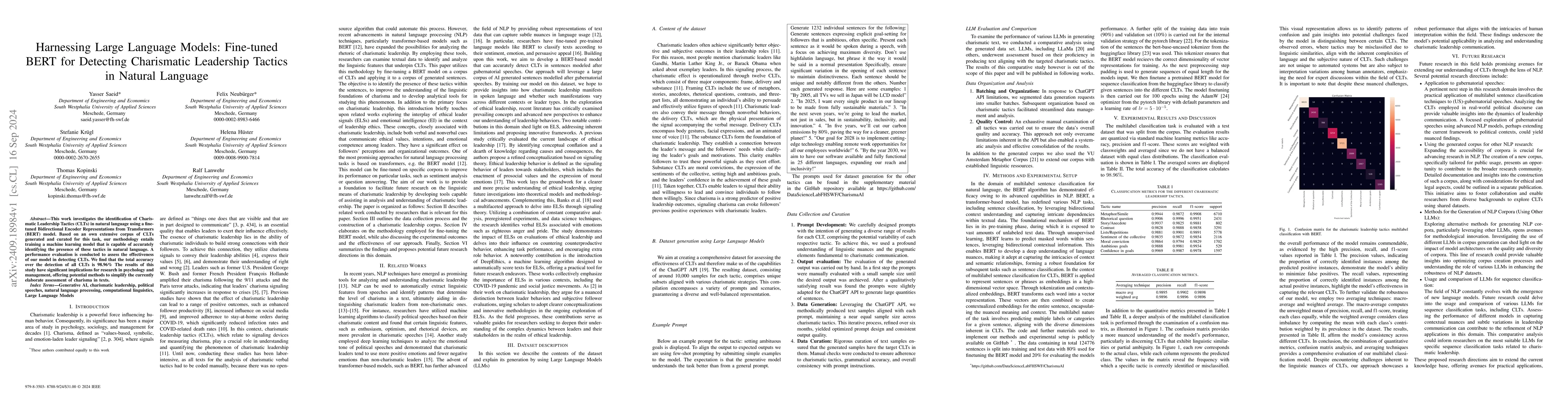 Thumbnail for Harnessing Large Language Models: Fine-tuned BERT for Detecting
  Charismatic Leadership Tactics in Natural Language