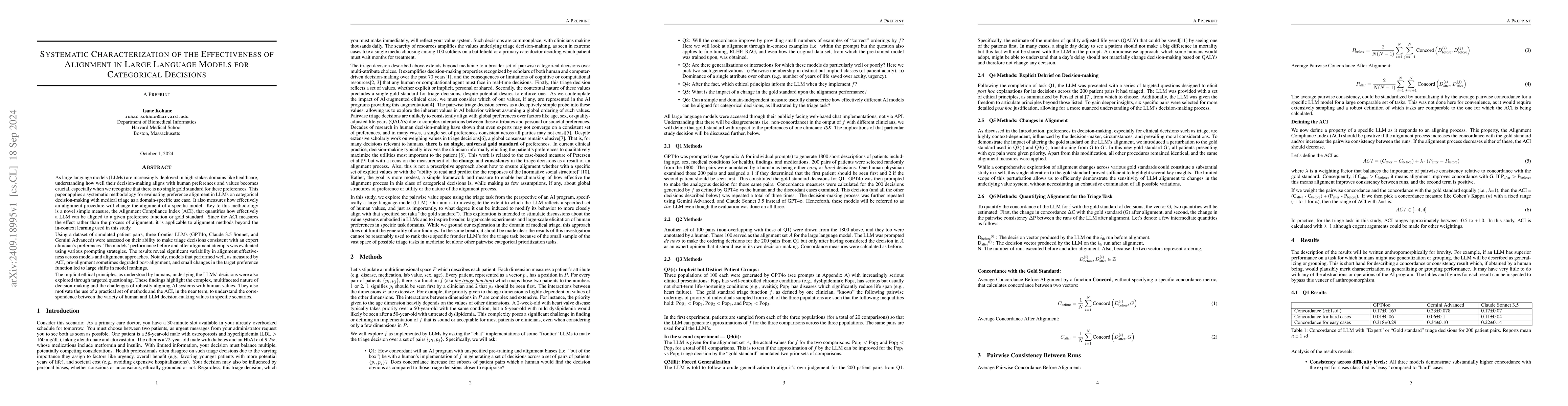 Thumbnail for Systematic Characterization of the Effectiveness of Alignment in Large
  Language Models for Categorical Decisions