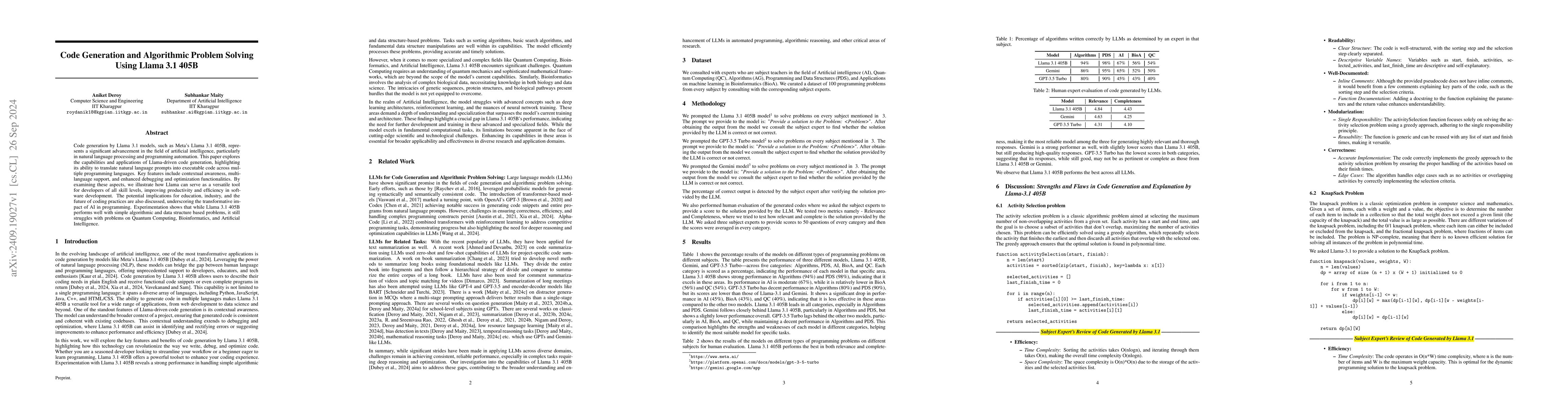 Thumbnail for Code Generation and Algorithmic Problem Solving Using Llama 3.1 405B