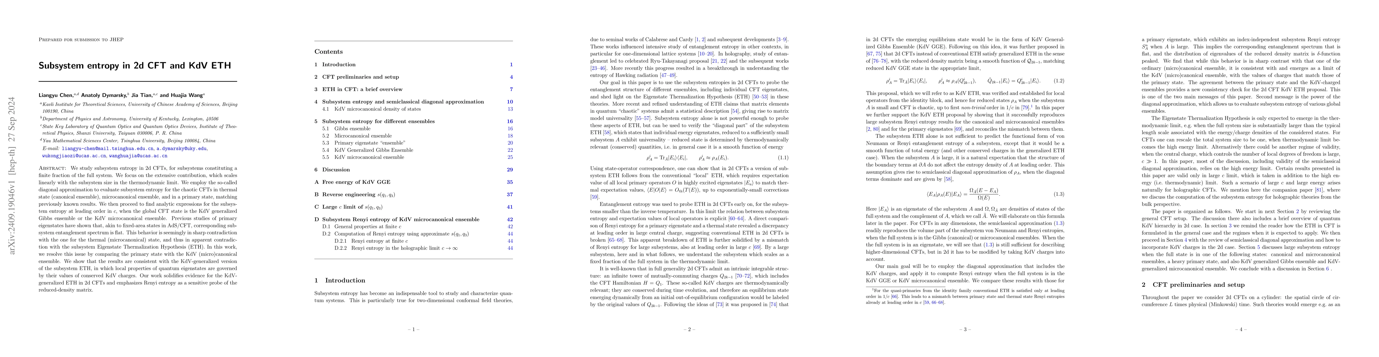 Thumbnail for Subsystem entropy in 2d CFT and KdV ETH