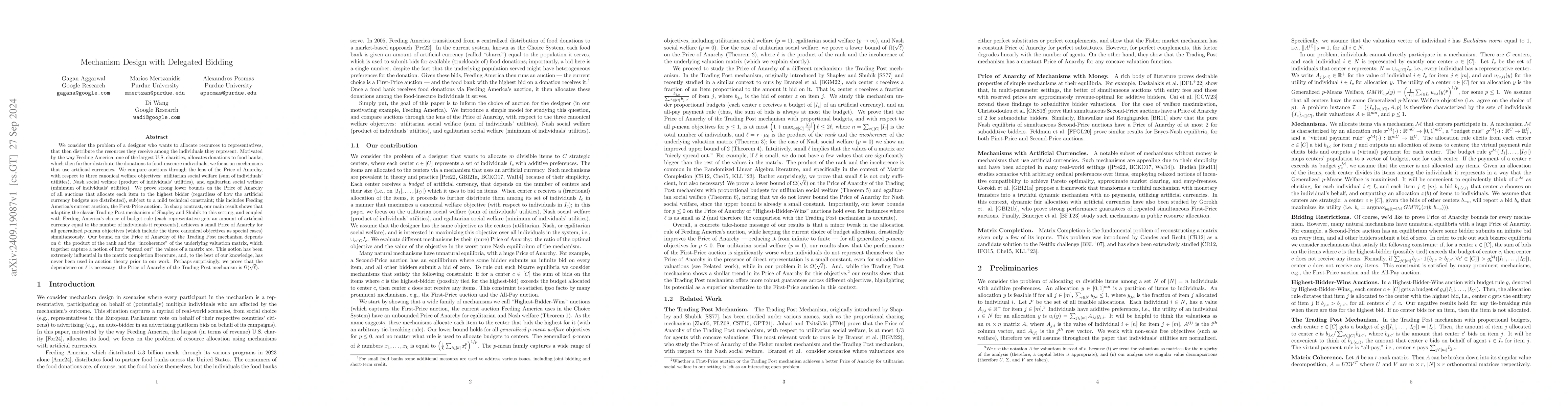 Thumbnail for Mechanism Design with Delegated Bidding