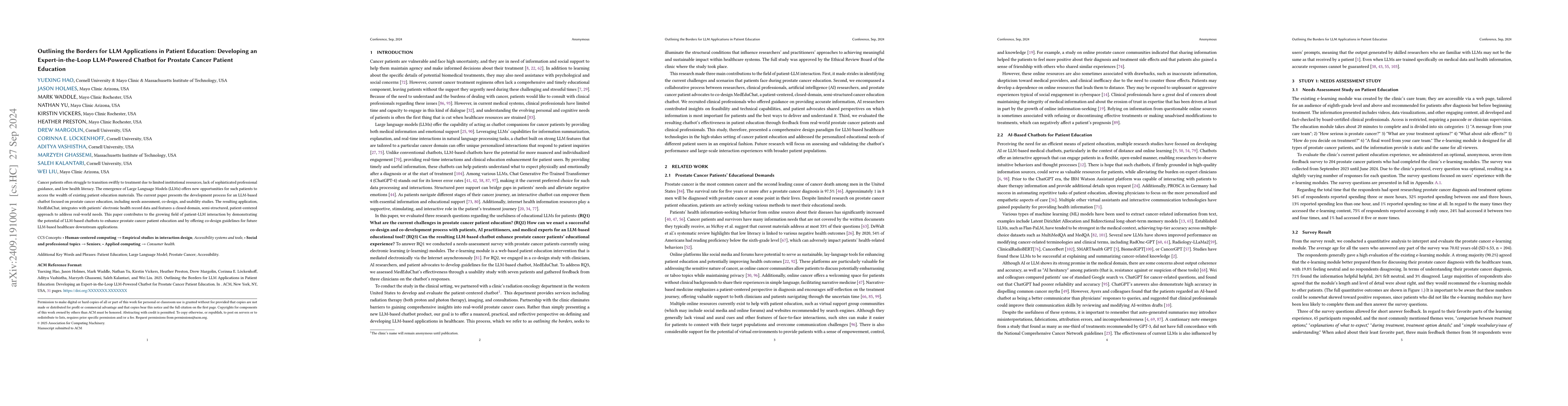 Thumbnail for Outlining the Borders for LLM Applications in Patient Education:
  Developing an Expert-in-the-Loop LLM-Powered Chatbot for Prostate Cancer
  Patient Education