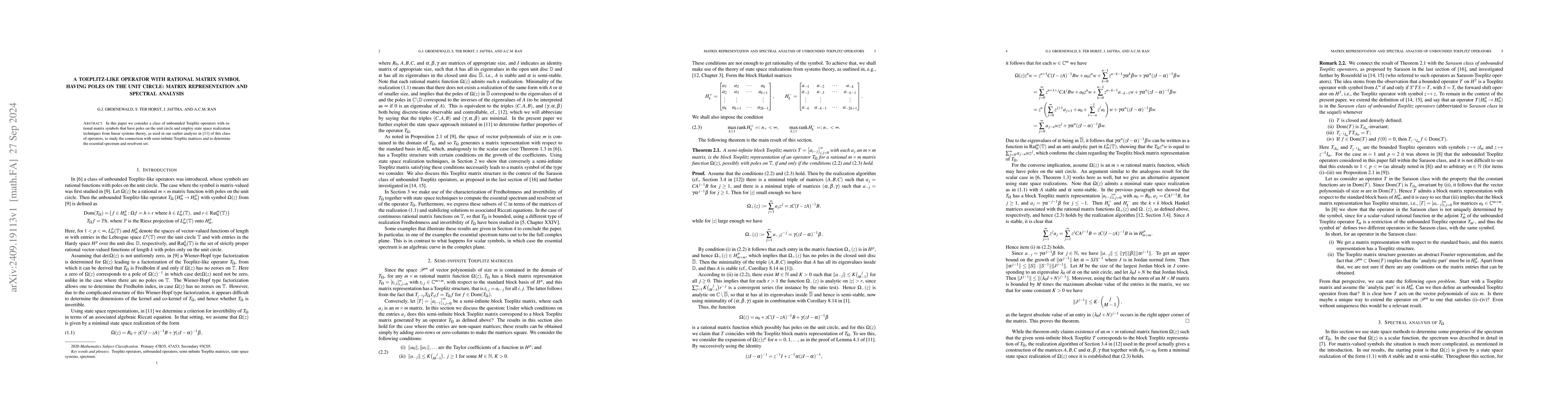 Thumbnail for A Toeplitz-like operator with rational matrix symbol having poles on the
  unit circle:\ Matrix representation and spectral analysis