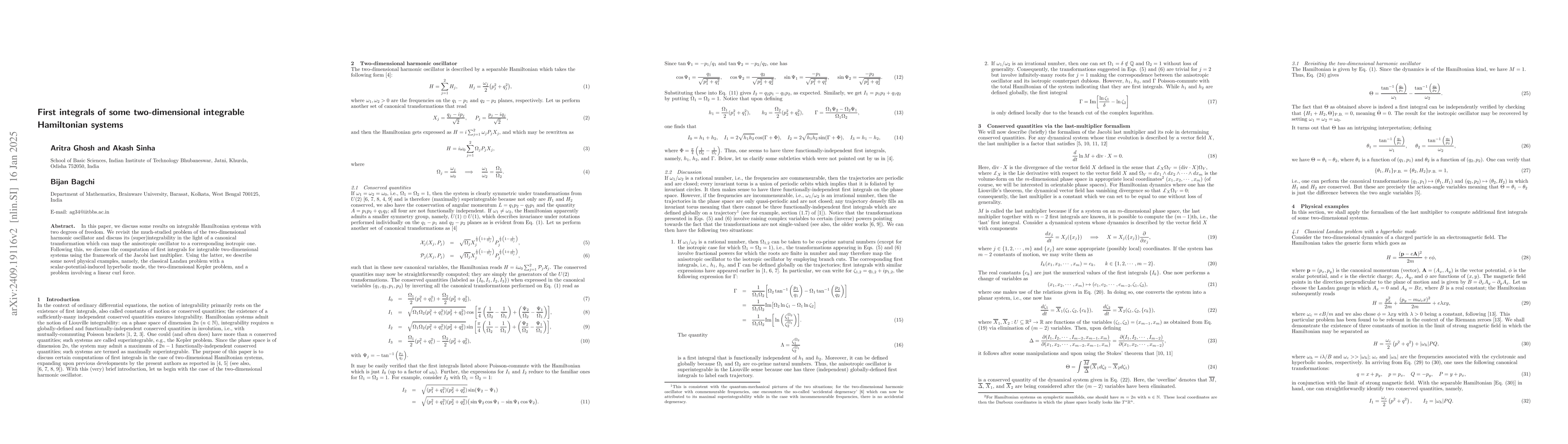 Thumbnail for First integrals of some two-dimensional integrable Hamiltonian systems