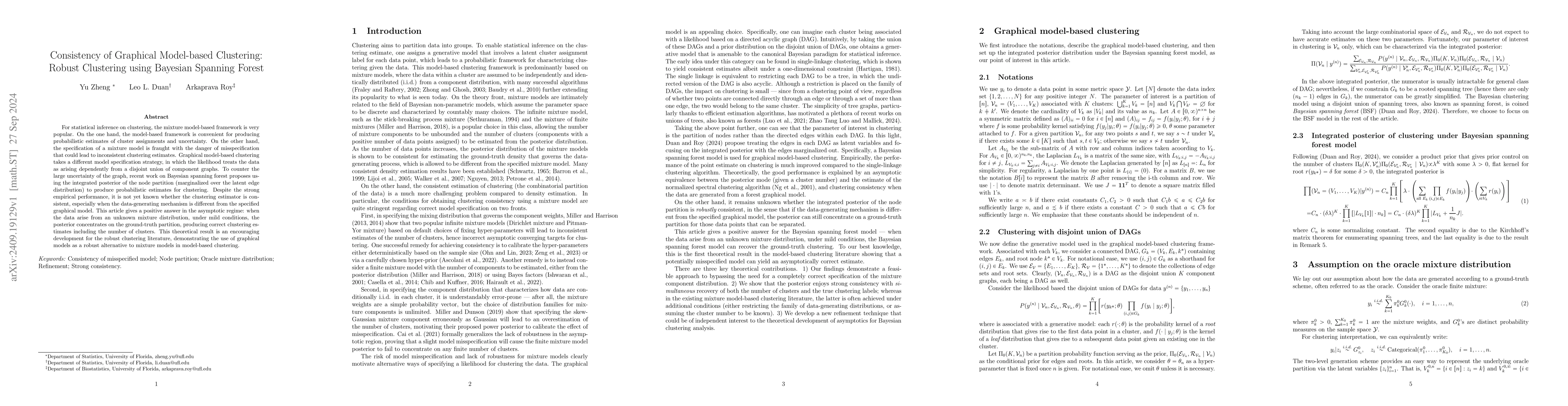 Thumbnail for Consistency of Graphical Model-based Clustering: Robust Clustering using
  Bayesian Spanning Forest
