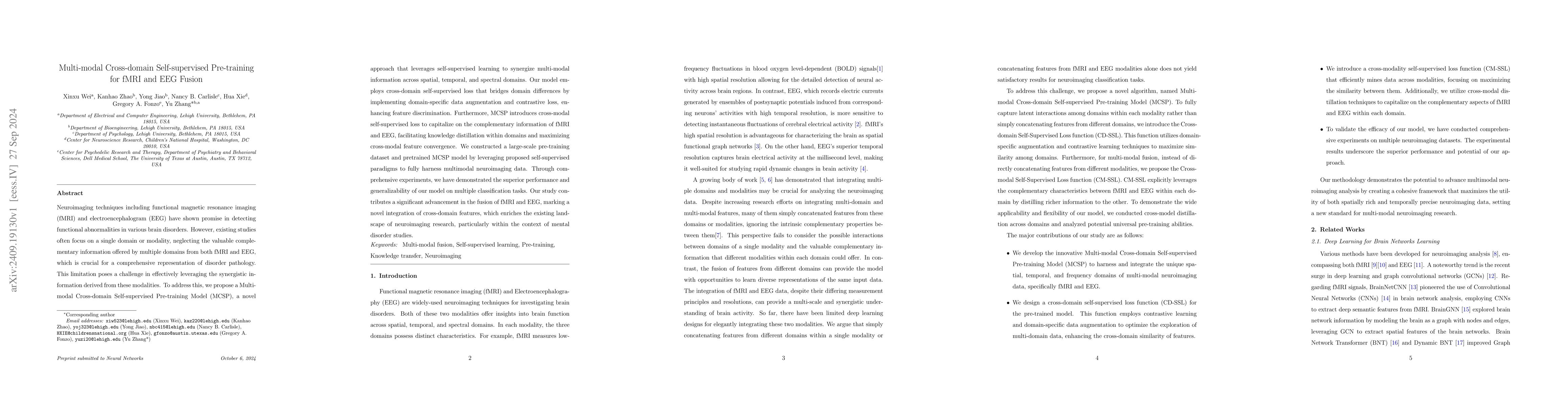 Thumbnail for Multi-modal Cross-domain Self-supervised Pre-training for fMRI and EEG
  Fusion