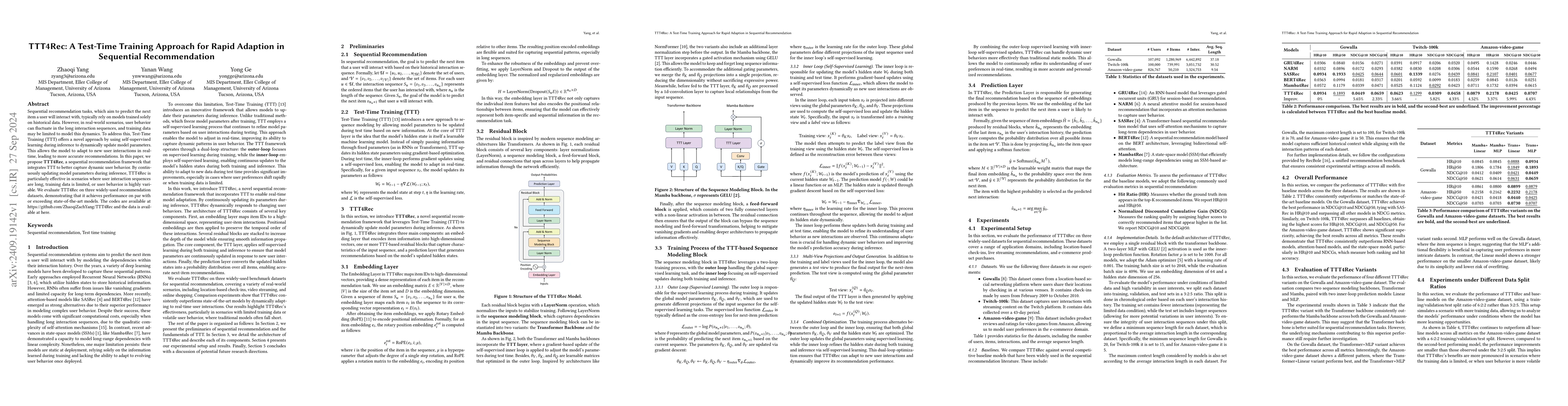 Thumbnail for TTT4Rec: A Test-Time Training Approach for Rapid Adaption in Sequential
  Recommendation