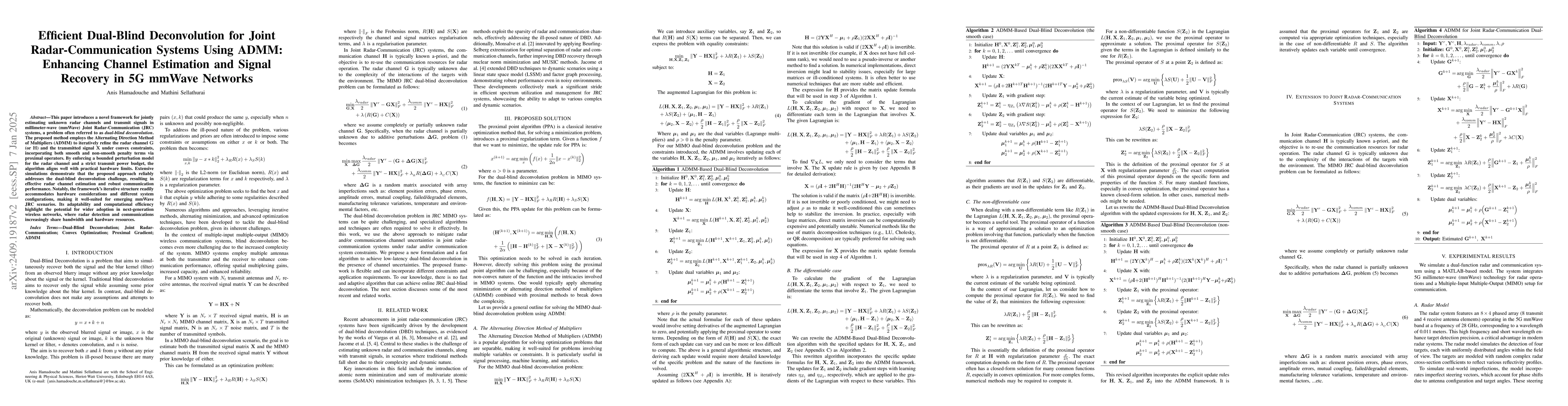 Thumbnail for Efficient Dual-Blind Deconvolution for Joint Radar-Communication Systems
  Using ADMM: Enhancing Channel Estimation and Signal Recovery in 5G mmWave
  Networks