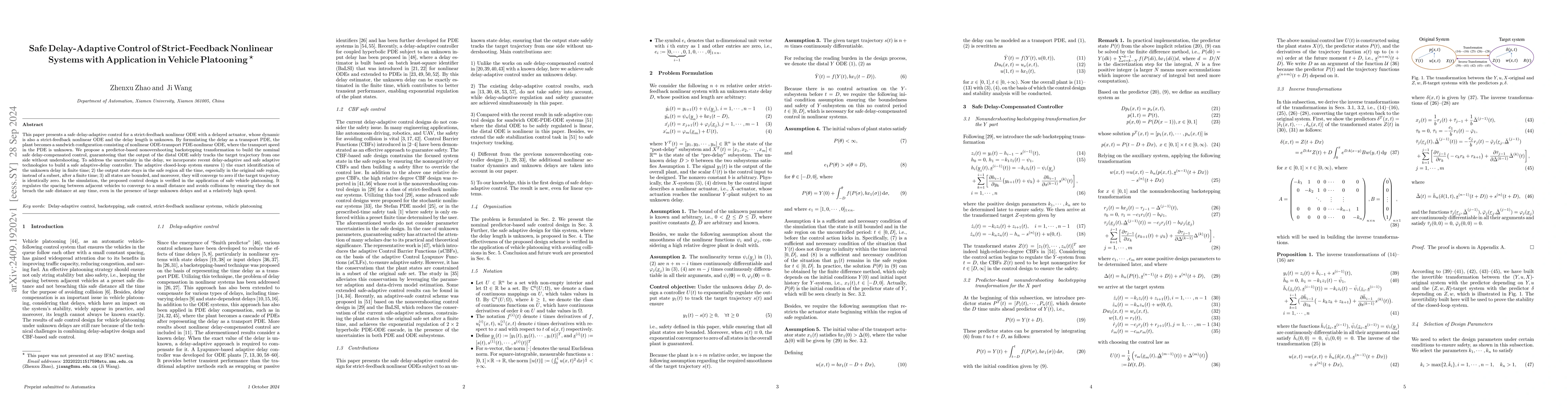 Thumbnail for Safe Delay-Adaptive Control of Strict-Feedback Nonlinear Systems with
  Application in Vehicle Platooning