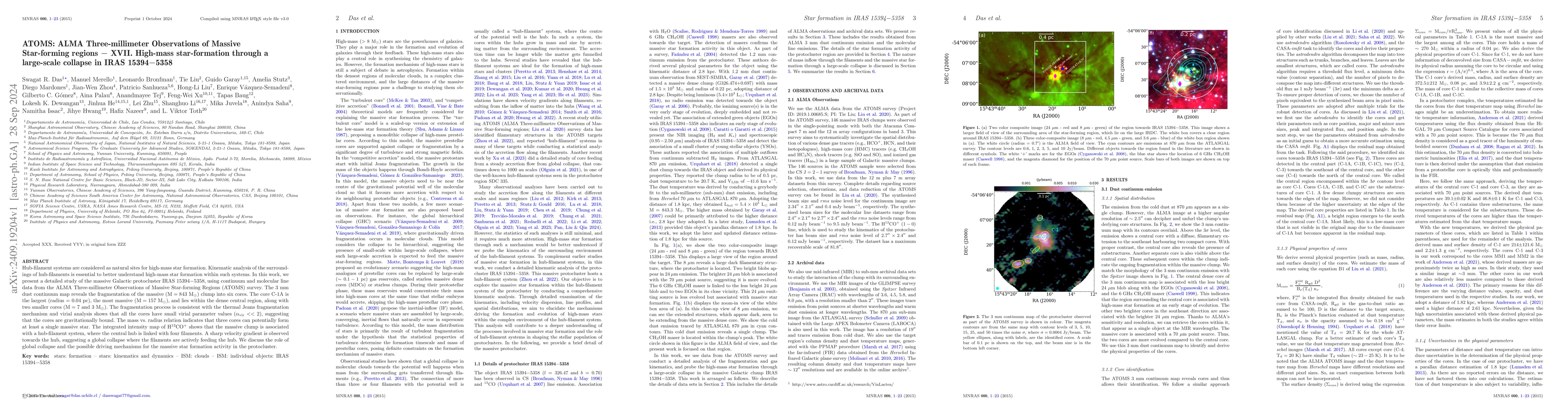 Thumbnail for ATOMS: ALMA Three-millimeter Observations of Massive Star-forming
  regions $-$ XVII. High-mass star-formation through a large-scale collapse in
  IRAS 15394$-$5358