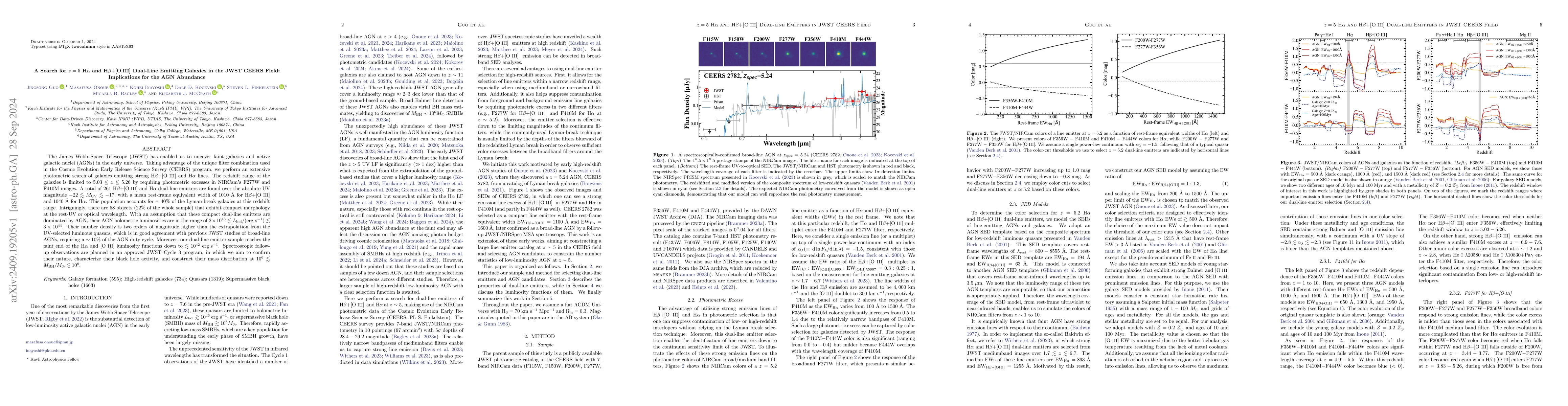 Thumbnail for A Search for $z=5$ H$α$ and H$β+$[O III] Dual-Line Emitting
  Galaxies in the JWST CEERS Field: Implications for the AGN Abundance