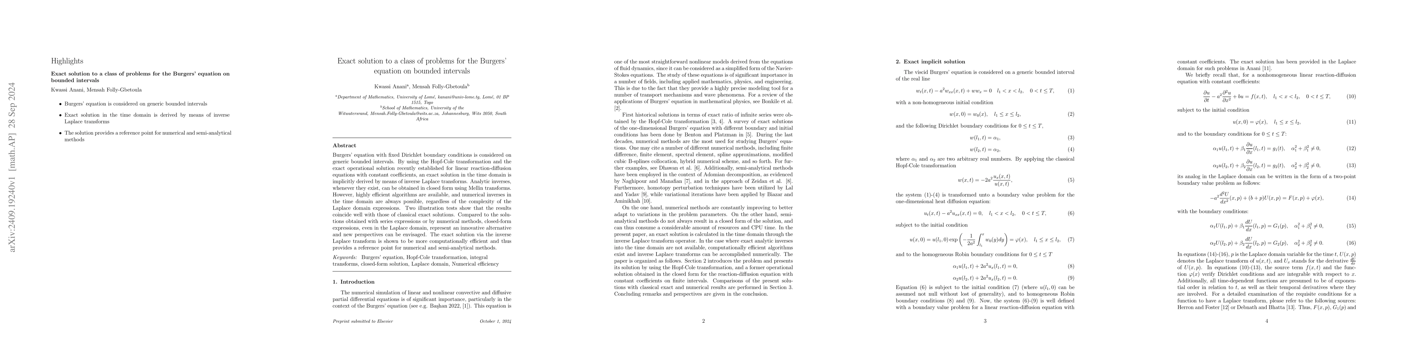 Thumbnail for Exact solution to a class of problems for the Burgers' equation on
  bounded intervals
