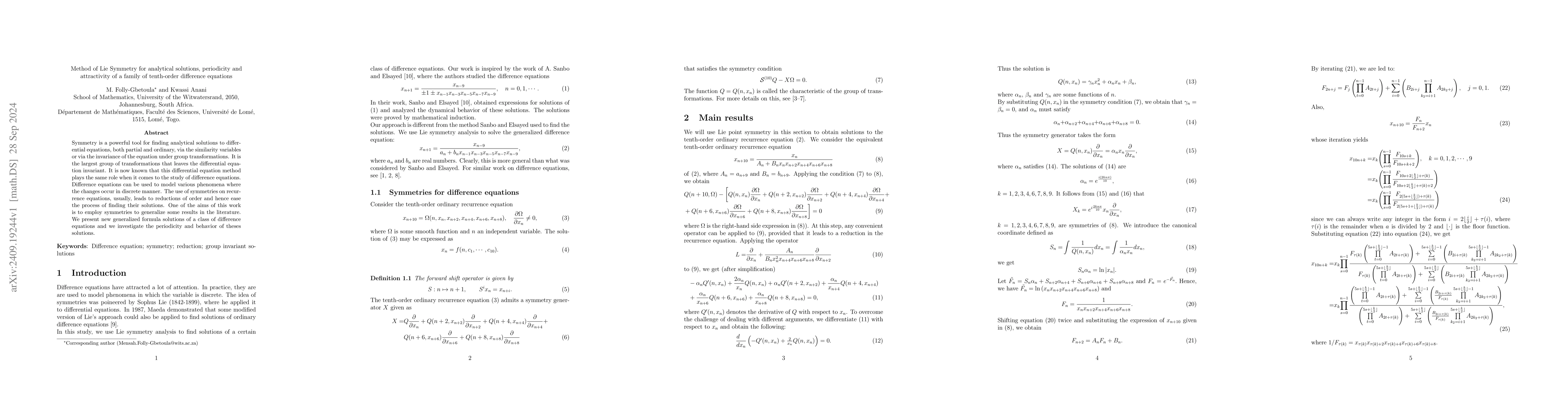 Thumbnail for Method of Lie Symmetry for analytical solutions, periodicity and
  attractivity of a family of tenth-order difference equations