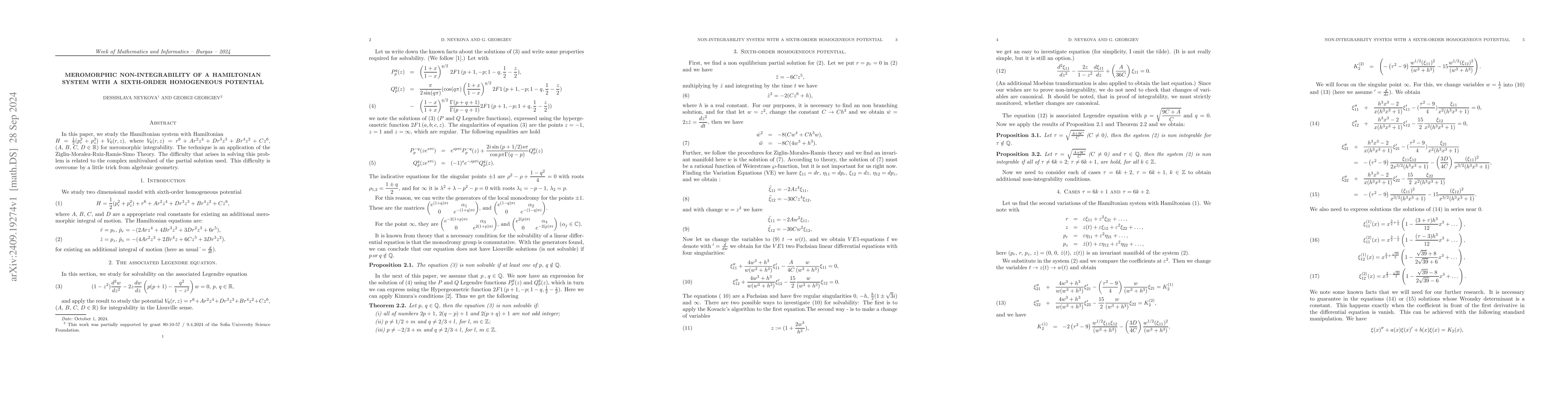 Thumbnail for Meromorphic non-integrability of a Hamiltonian system with a sixth-order
  homogeneous potential