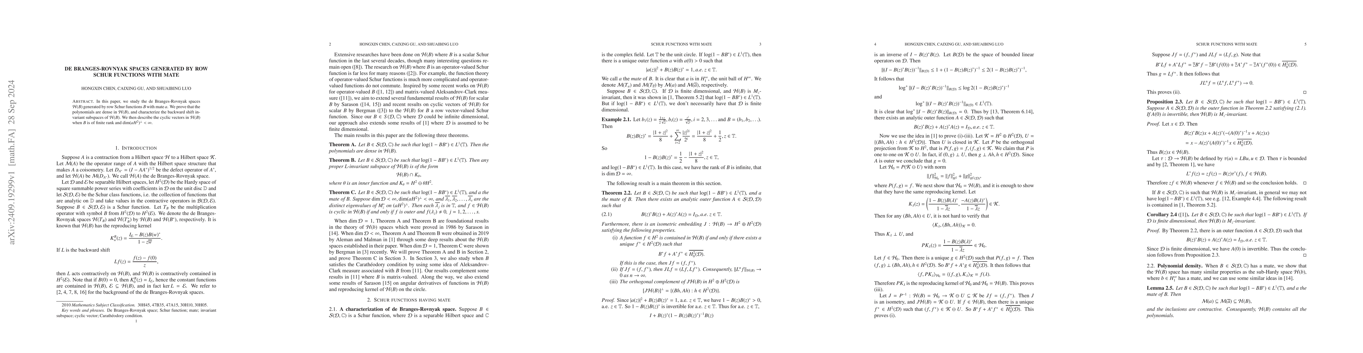 Thumbnail for De Branges-Rovnyak spaces generated by row Schur functions with mate