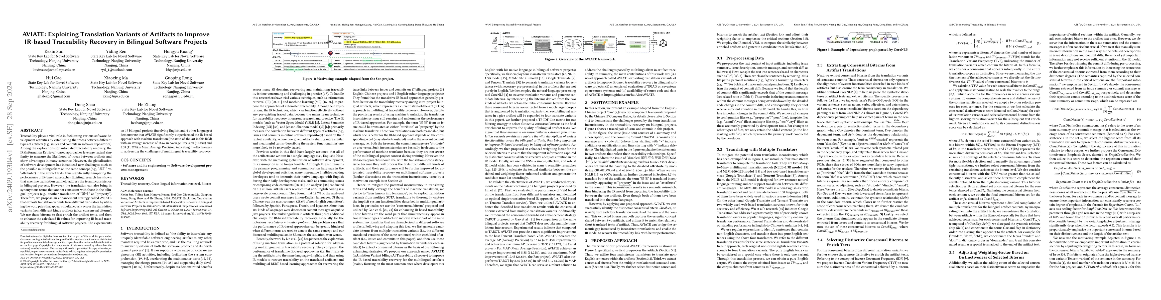 Thumbnail for AVIATE: Exploiting Translation Variants of Artifacts to Improve IR-based
  Traceability Recovery in Bilingual Software Projects
