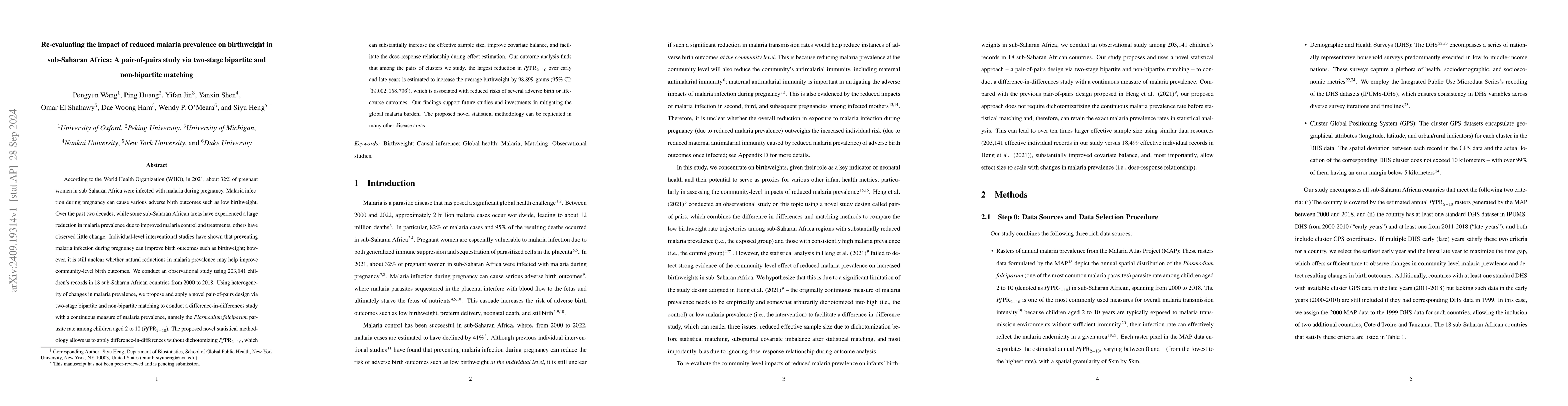 Thumbnail for Re-evaluating the impact of reduced malaria prevalence on birthweight in
  sub-Saharan Africa: A pair-of-pairs study via two-stage bipartite and
  non-bipartite matching