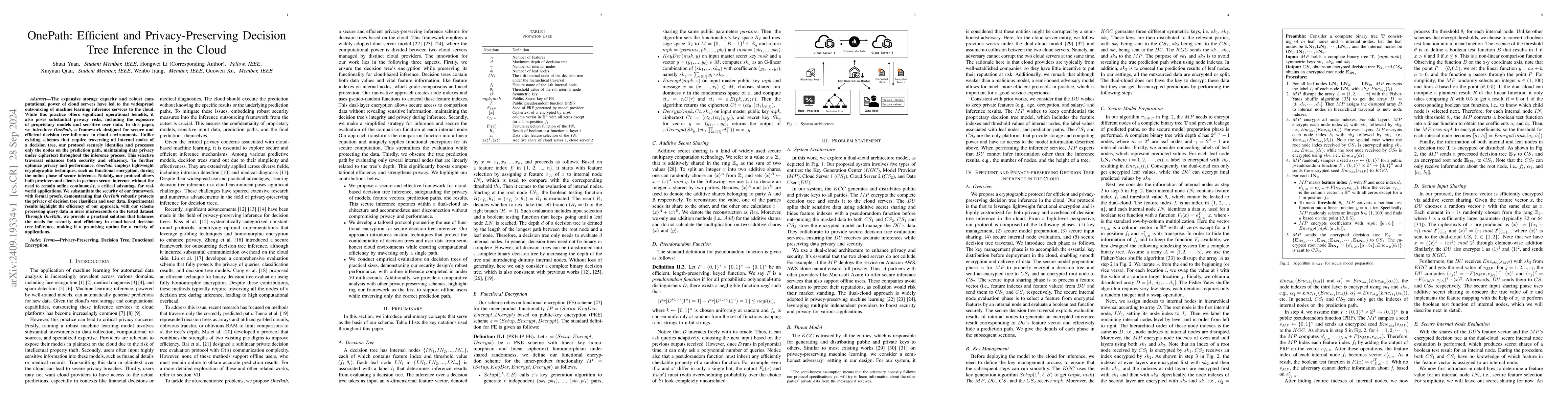 Thumbnail for OnePath: Efficient and Privacy-Preserving Decision Tree Inference in the
  Cloud