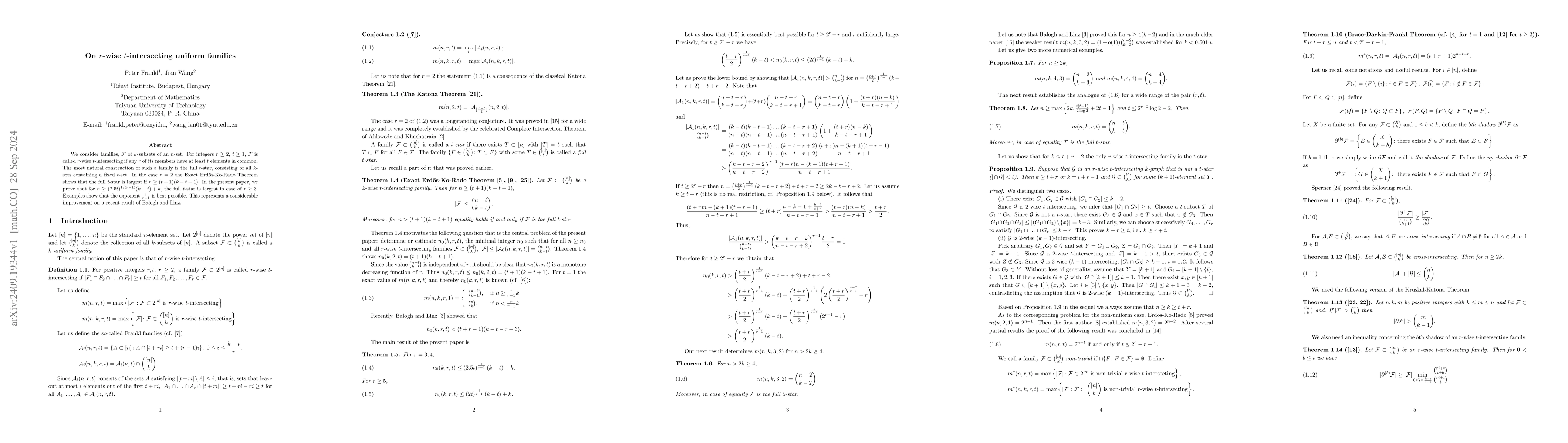 Thumbnail for On $r$-wise $t$-intersecting uniform families