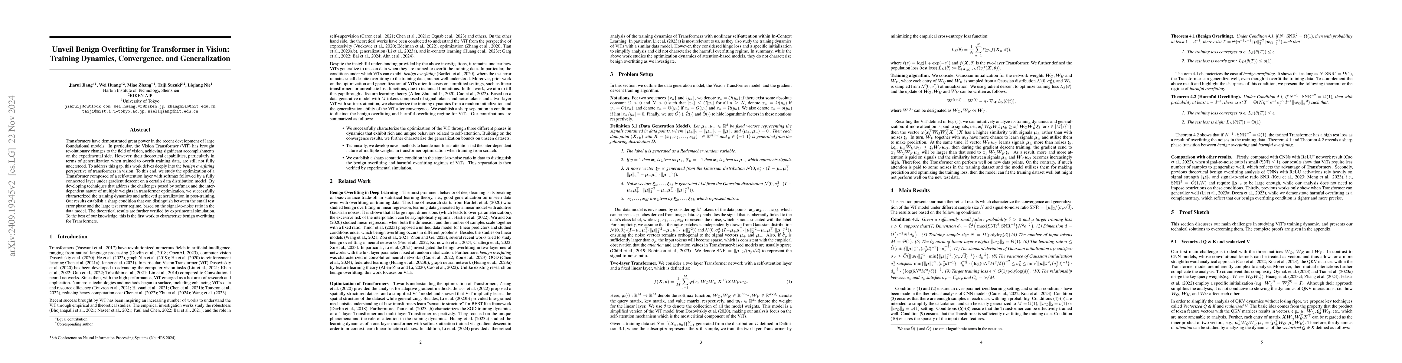 Thumbnail for Unveil Benign Overfitting for Transformer in Vision: Training Dynamics,
  Convergence, and Generalization