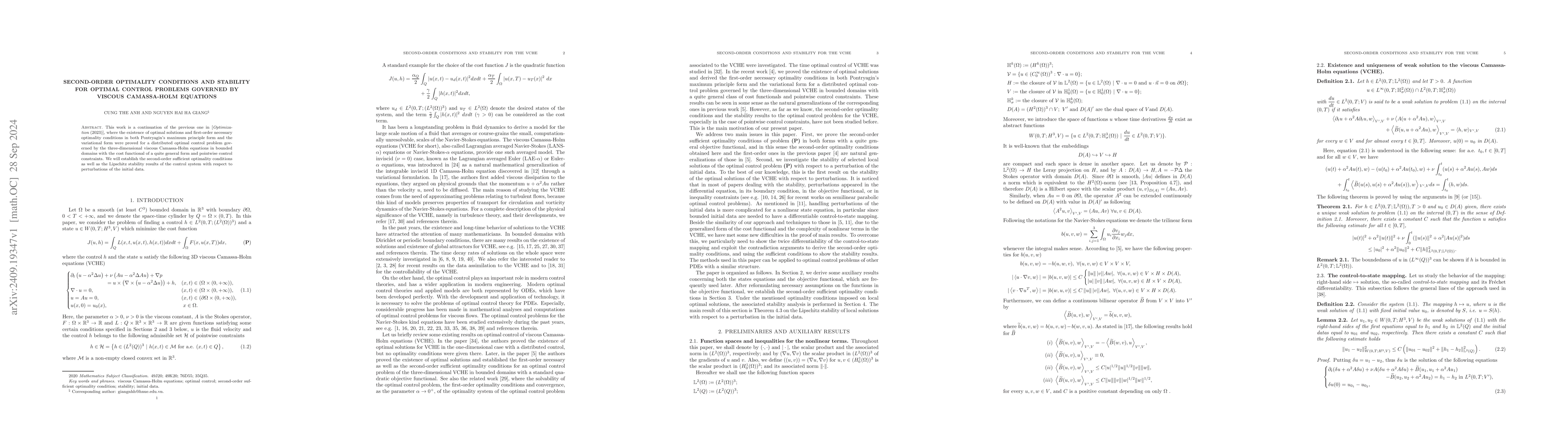 Thumbnail for Second-order optimality conditions and stability for optimal control
  problems governed by viscous Camassa-Holm equations
