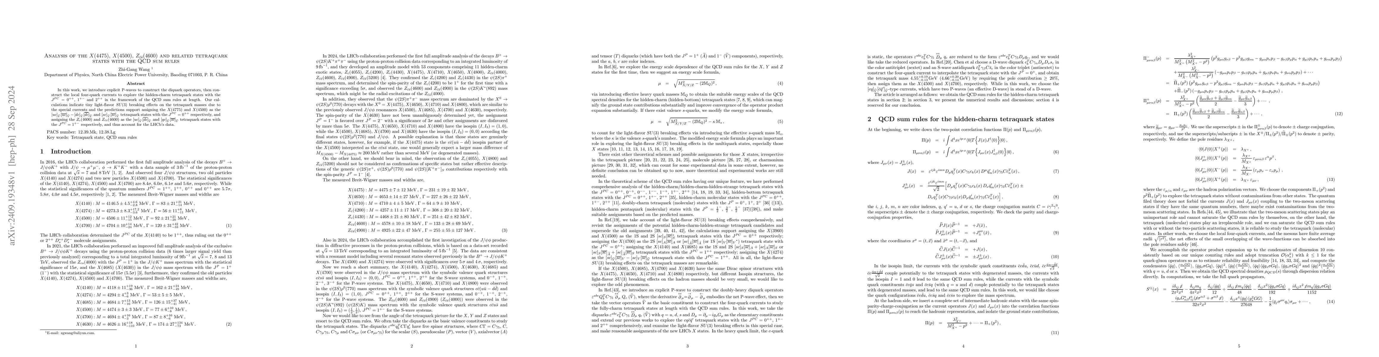 Thumbnail for Analysis of the $X(4475)$, $X(4500)$, $Z_{\bar{c}\bar{s}}(4600)$ and
  related tetraquark states with the QCD sum rules
