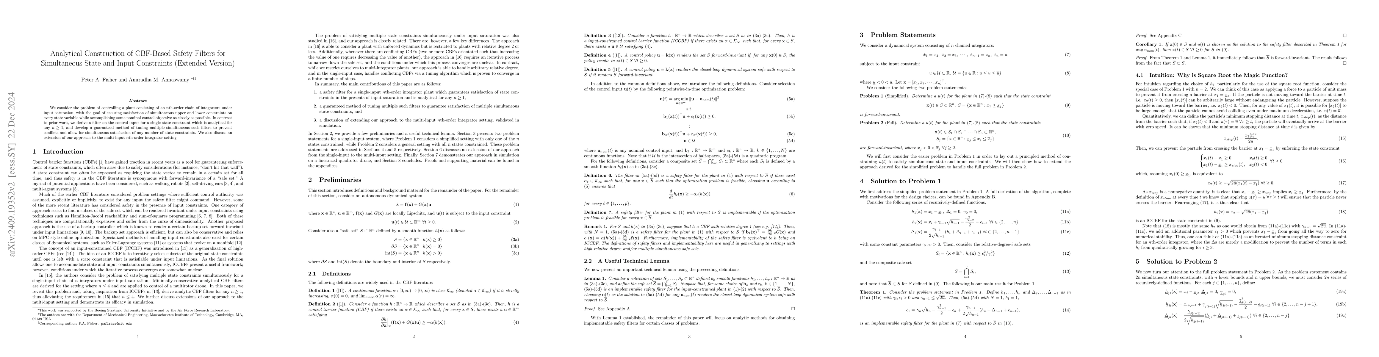 Thumbnail for Analytical Construction of CBF-Based Safety Filters for Simultaneous
  State and Input Constraints