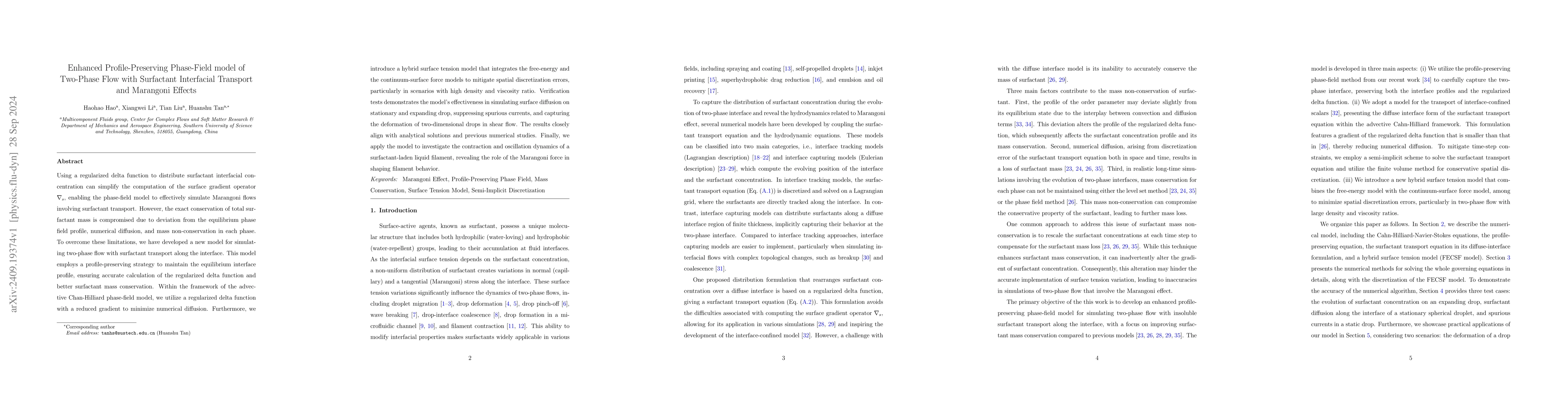 Thumbnail for Enhanced Profile-Preserving Phase-Field model of Two-Phase Flow with
  Surfactant Interfacial Transport and Marangoni Effects