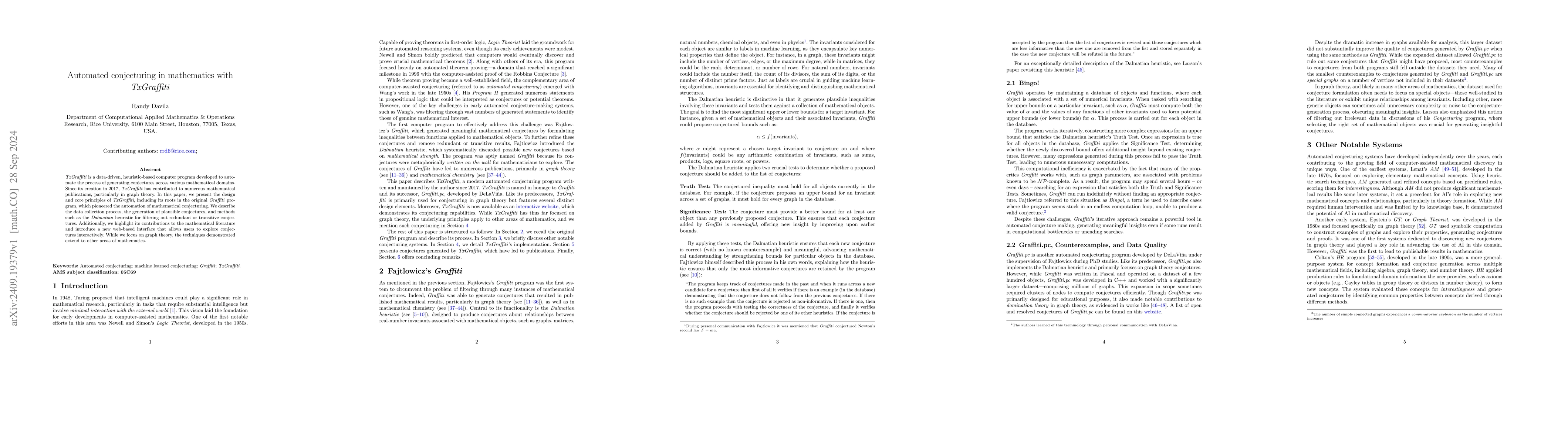 Thumbnail for Automated conjecturing in mathematics with \emph{TxGraffiti}