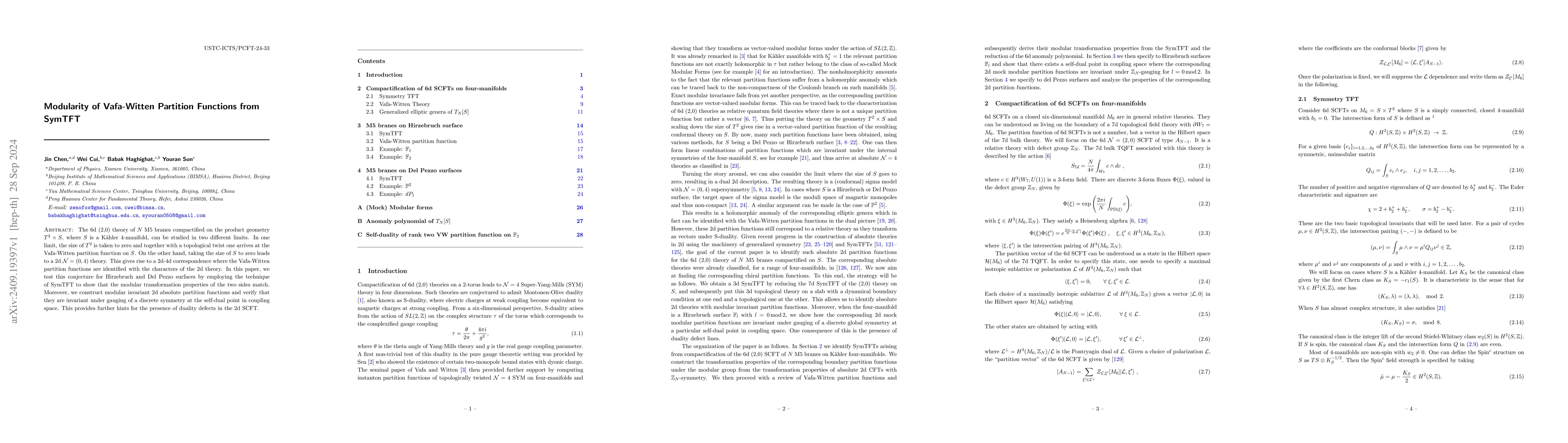 Thumbnail for Modularity of Vafa-Witten Partition Functions from SymTFT