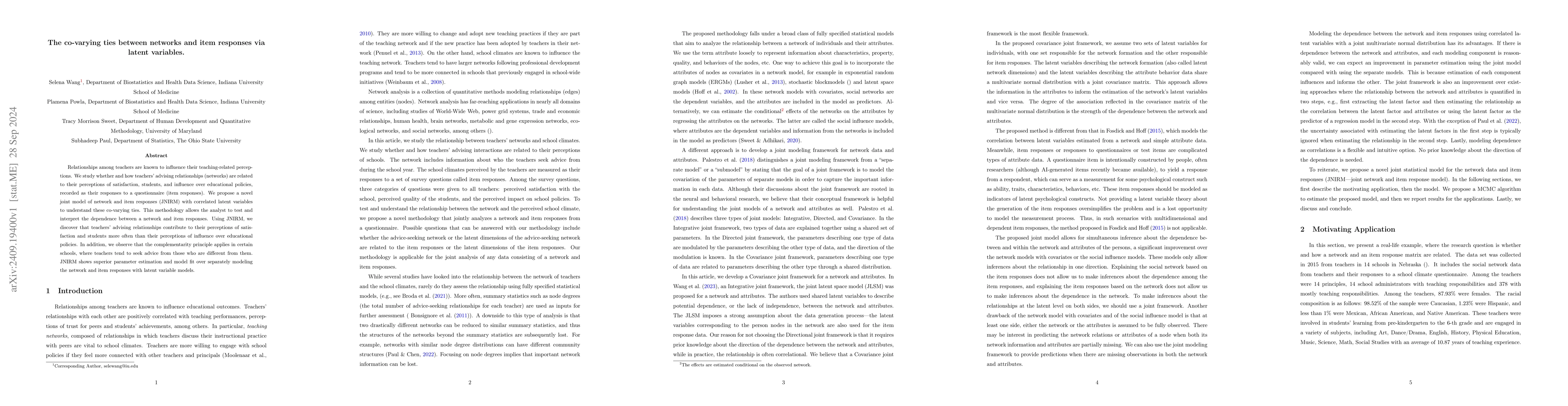 Thumbnail for The co-varying ties between networks and item responses via latent
  variables