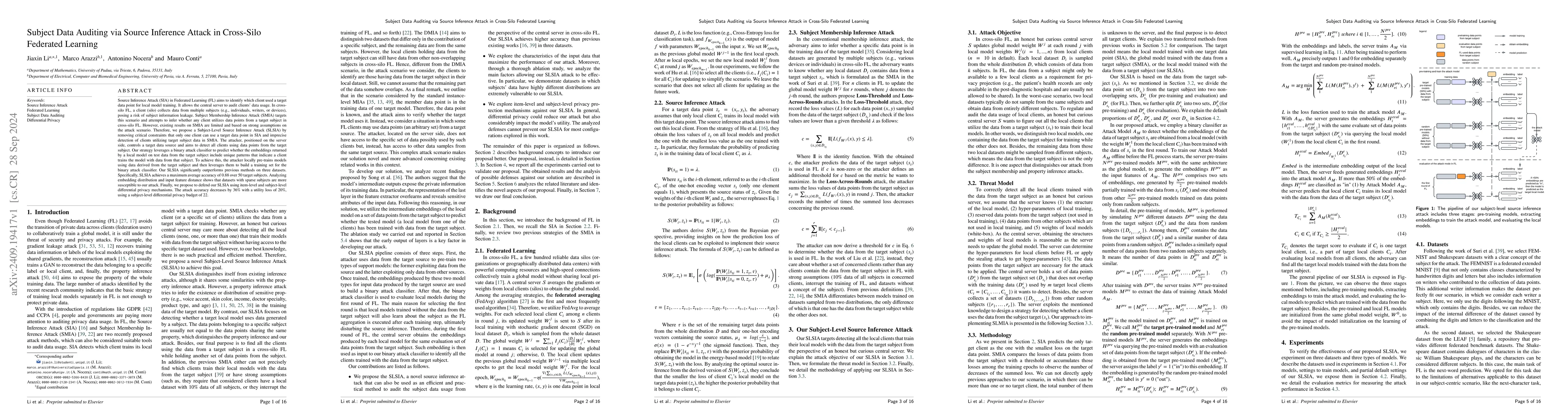 Thumbnail for Subject Data Auditing via Source Inference Attack in Cross-Silo
  Federated Learning
