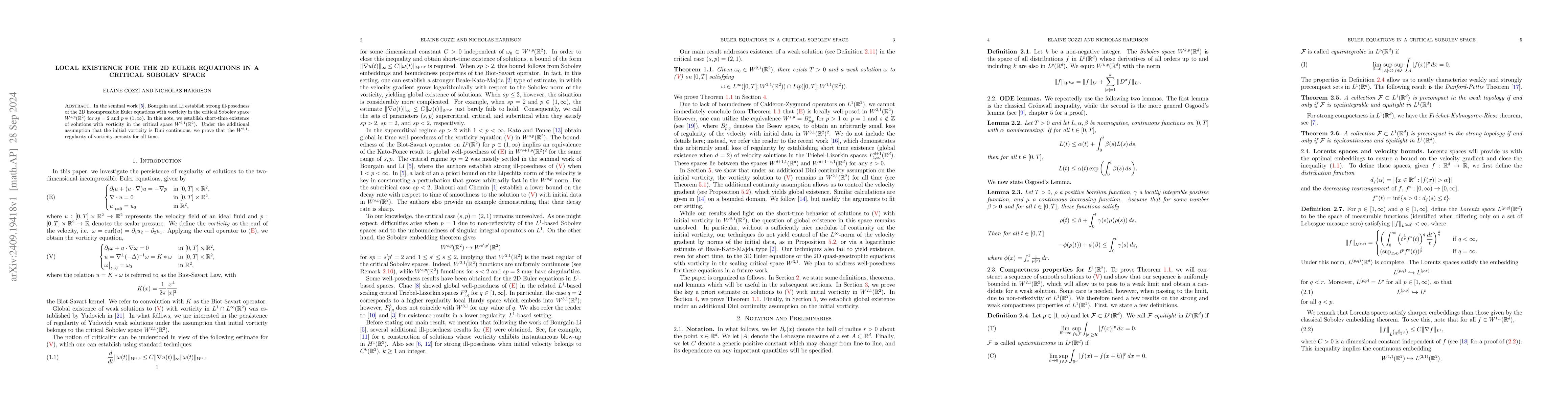 Thumbnail for Local Existence for the 2D Euler Equations in a Critical Sobolev Space