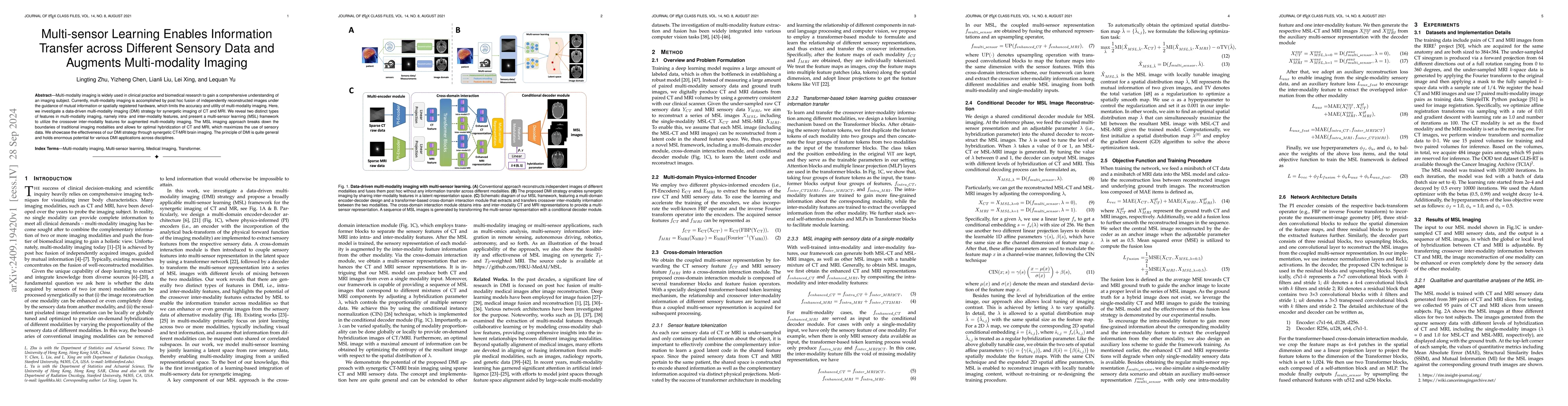 Thumbnail for Multi-sensor Learning Enables Information Transfer across Different
  Sensory Data and Augments Multi-modality Imaging
