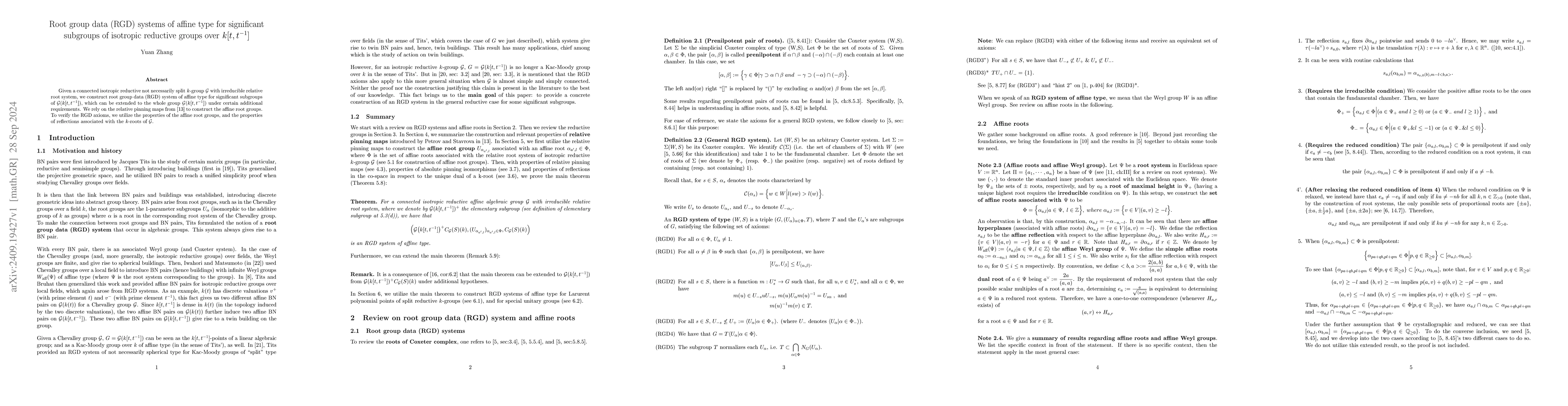 Thumbnail for Root group data (RGD) systems of affine type for significant subgroups
  of isotropic reductive groups over $k[t,t^{-1}]$