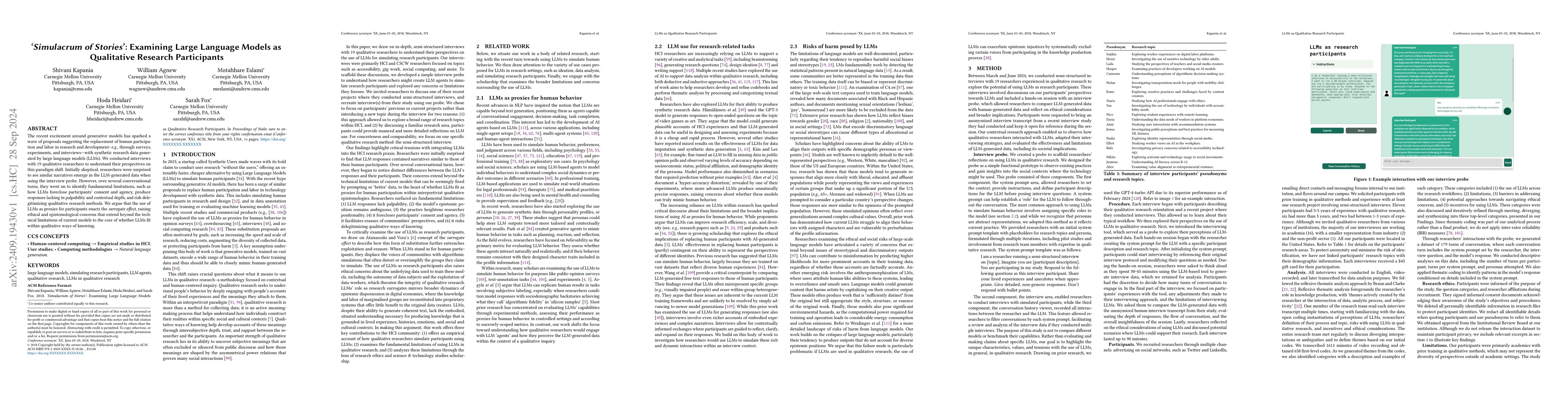 Thumbnail for 'Simulacrum of Stories': Examining Large Language Models as Qualitative
  Research Participants