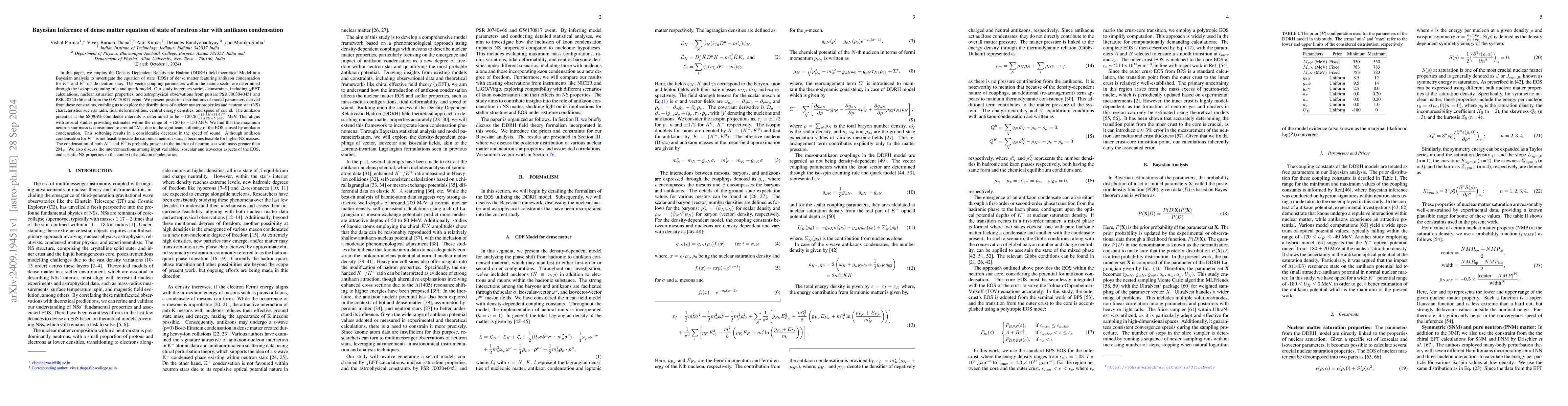 Thumbnail for Bayesian Inference of dense matter equation of state of neutron star
  with antikaon condensation