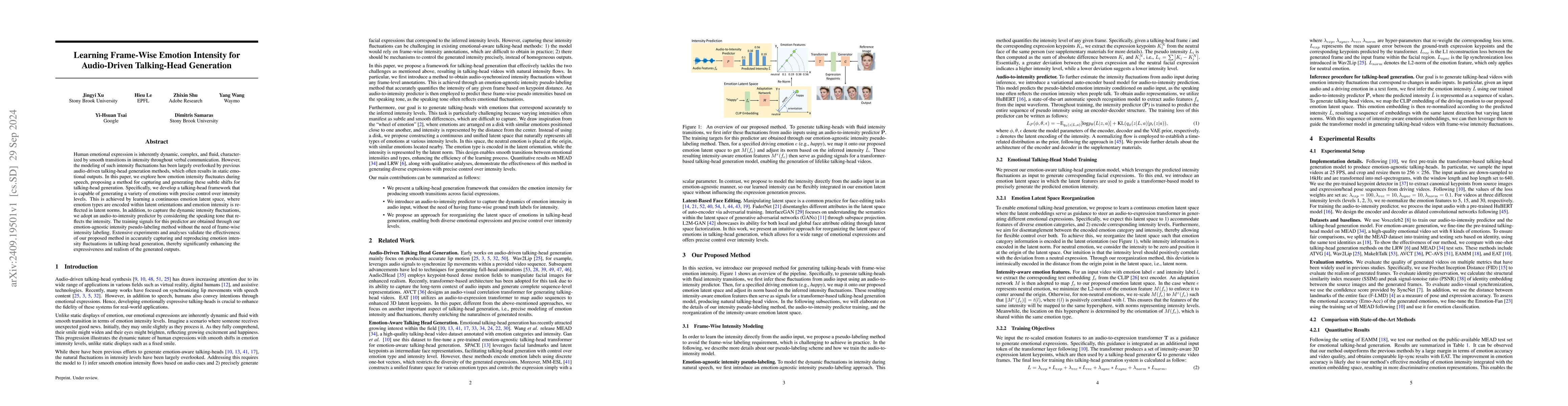 Thumbnail for Learning Frame-Wise Emotion Intensity for Audio-Driven Talking-Head
  Generation