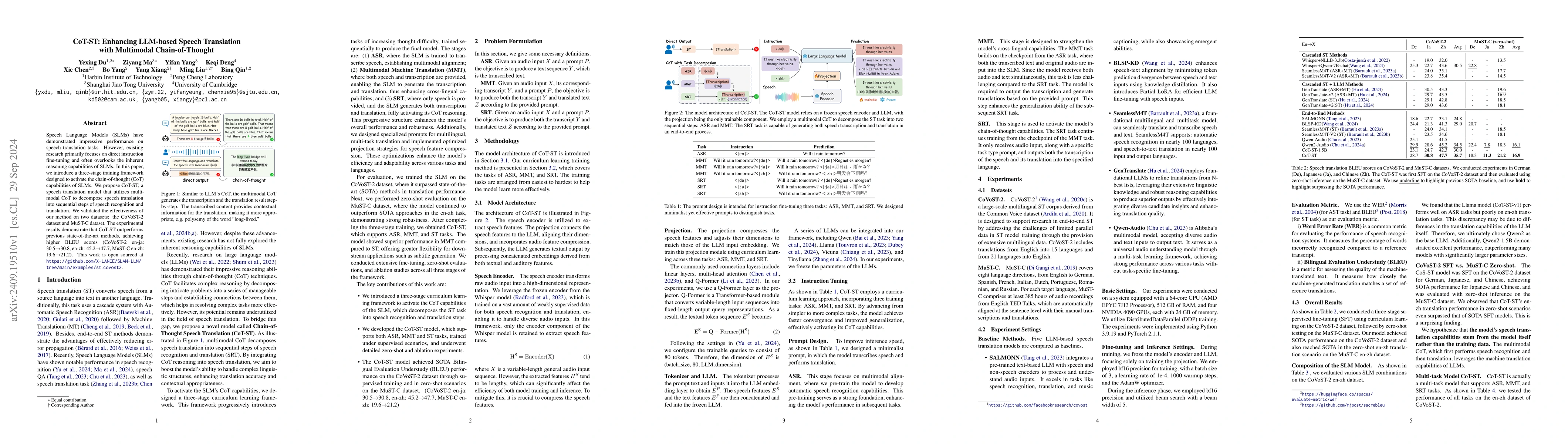 Thumbnail for CoT-ST: Enhancing LLM-based Speech Translation with Multimodal
  Chain-of-Thought