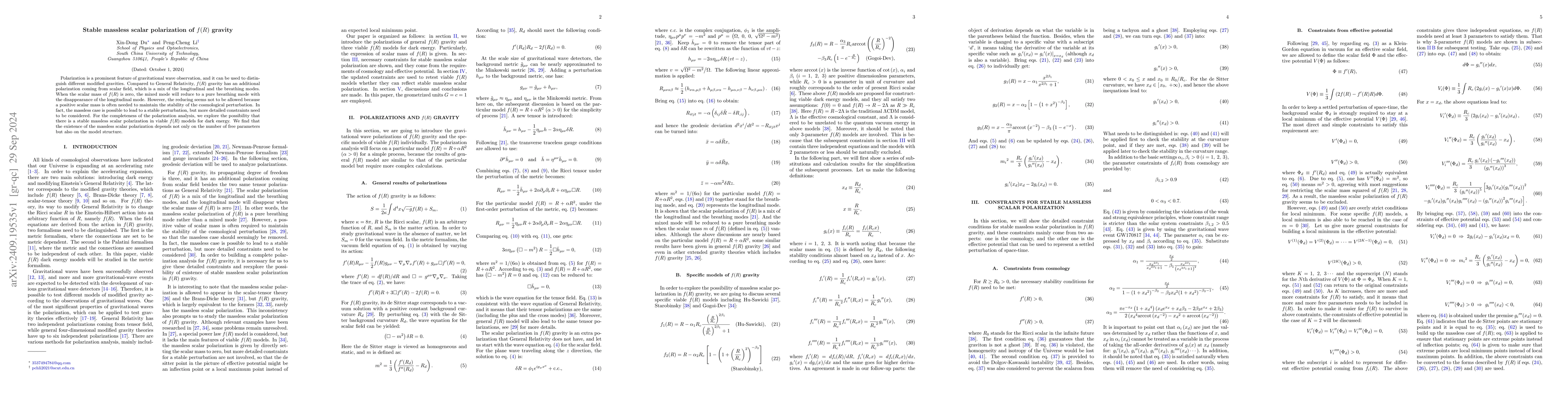 Thumbnail for Stable massless scalar polarization of f(R) gravity
