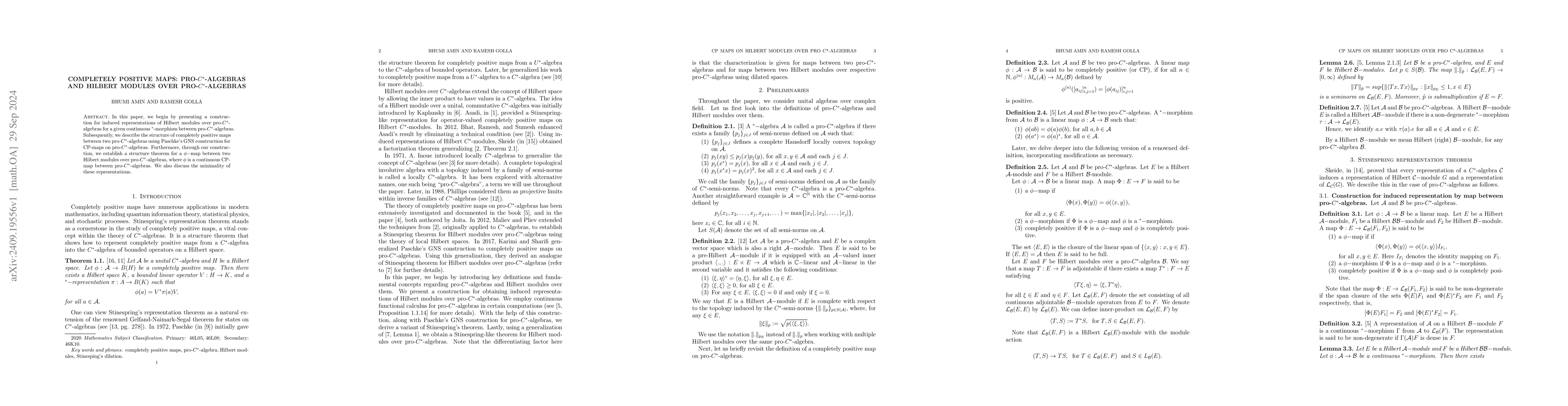 Thumbnail for Completely Positive Maps: Pro-C*-algebras and Hilbert modules over
  Pro-C*-algebras