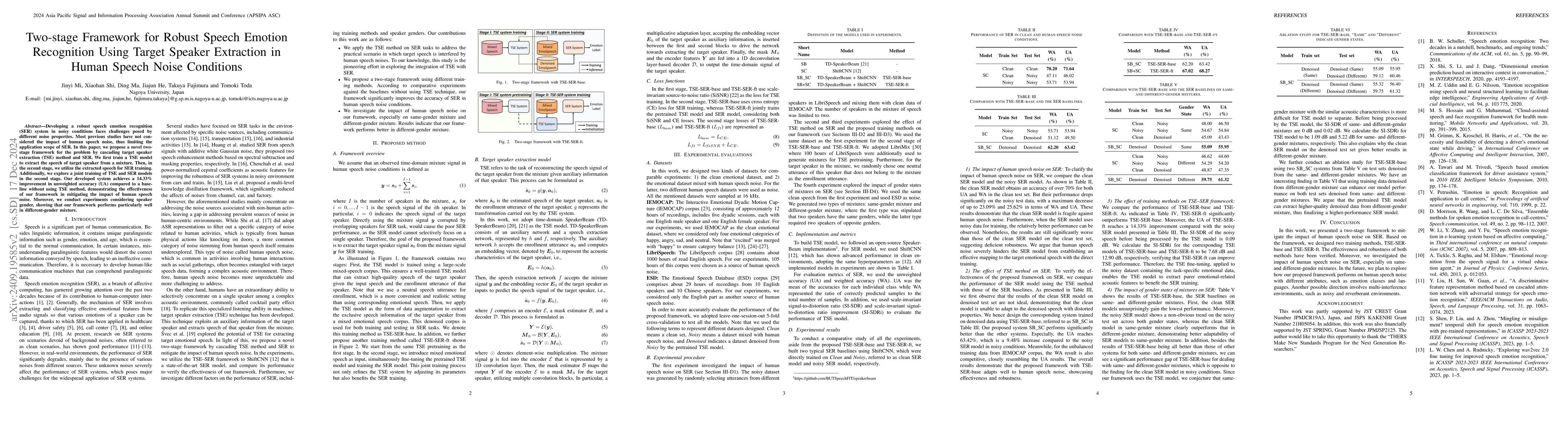 Thumbnail for Two-stage Framework for Robust Speech Emotion Recognition Using Target
  Speaker Extraction in Human Speech Noise Conditions