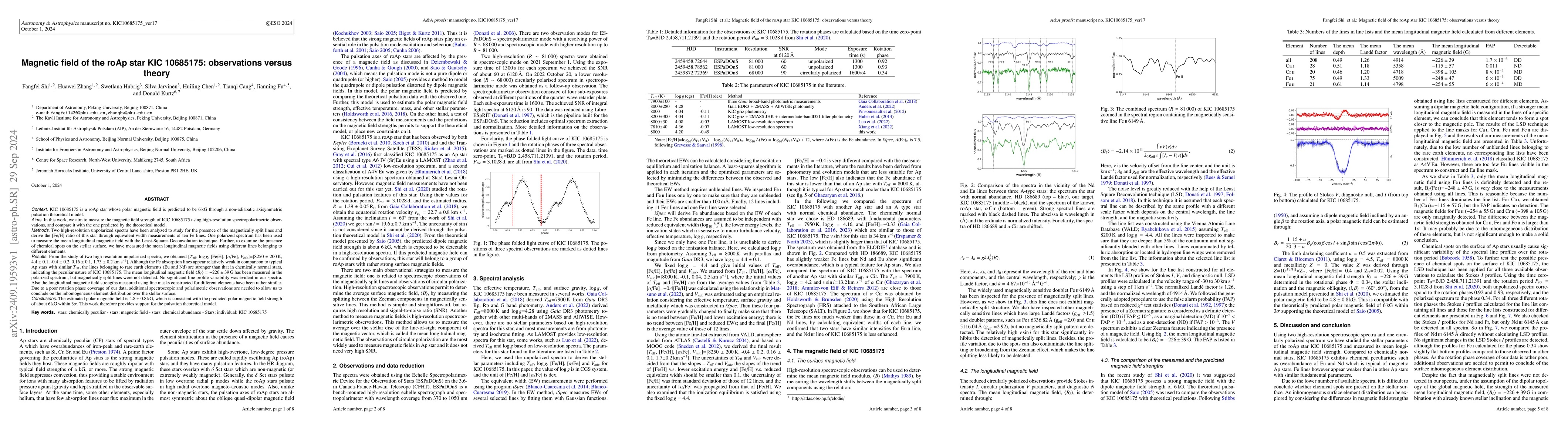 Thumbnail for Magnetic field of the roAp star KIC~10685175: observations versus theory
