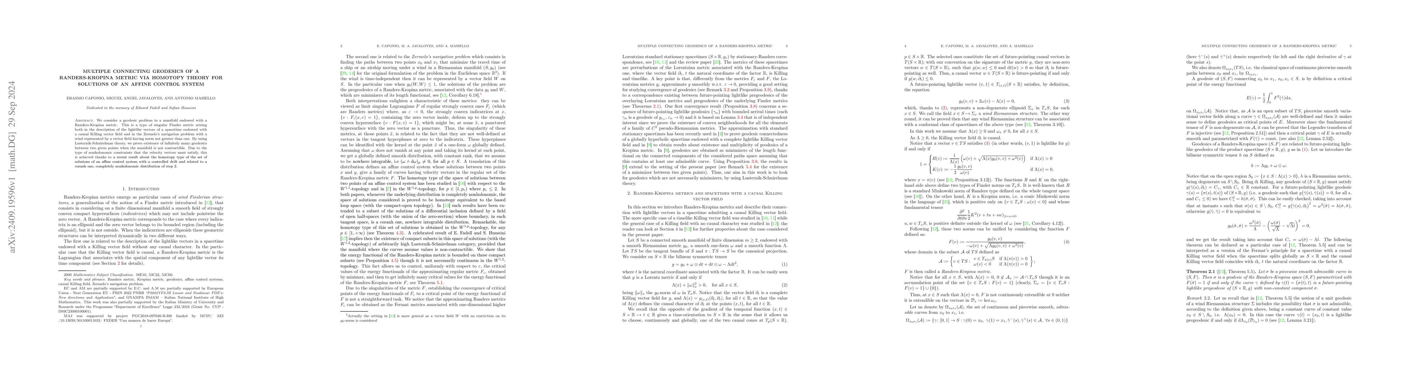 Thumbnail for Multiple connecting geodesics of a Randers-Kropina metric via homotopy
  theory for solutions of an affine control system