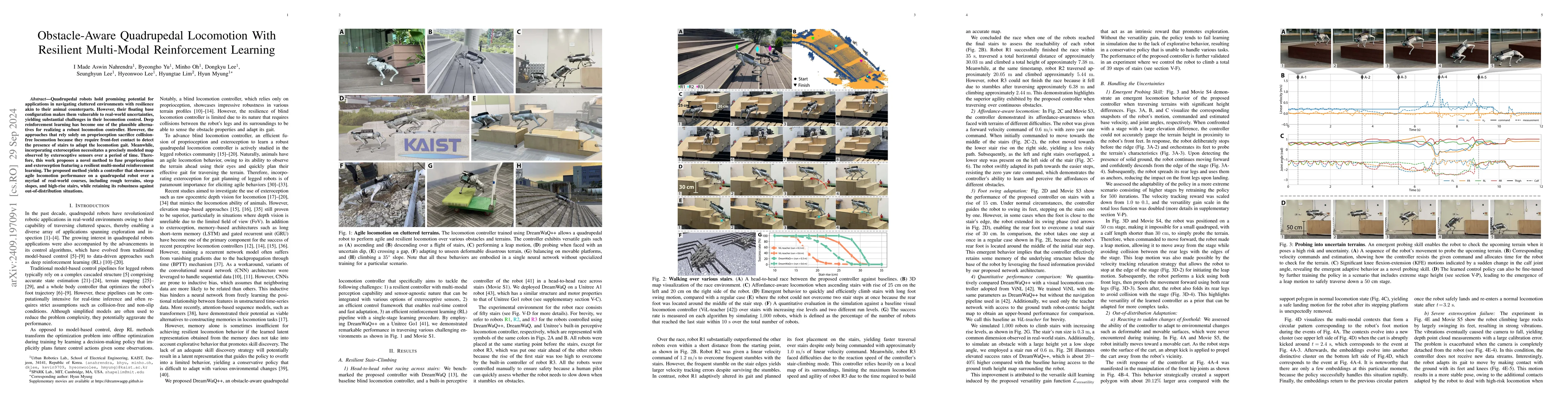 Thumbnail for Obstacle-Aware Quadrupedal Locomotion With Resilient Multi-Modal
  Reinforcement Learning